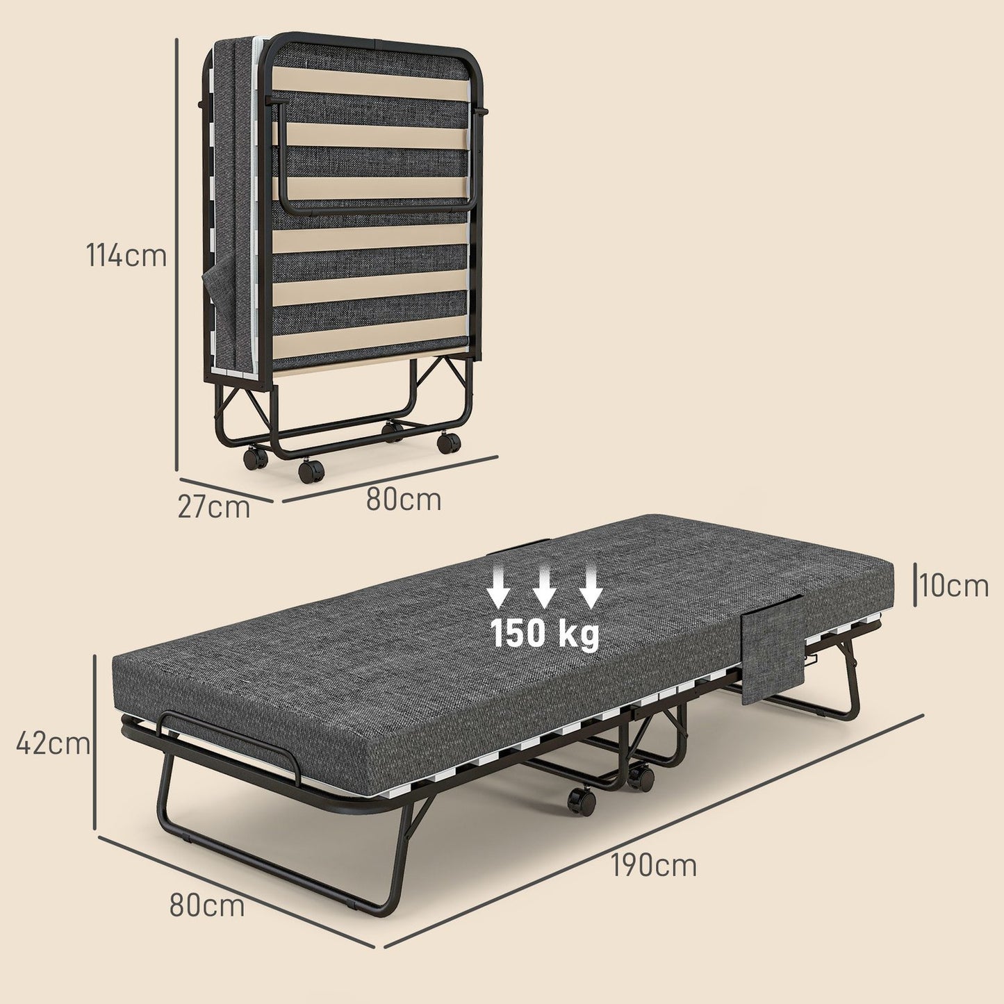 Folding guest bed with wheels, 10 cm mattress, dark grey