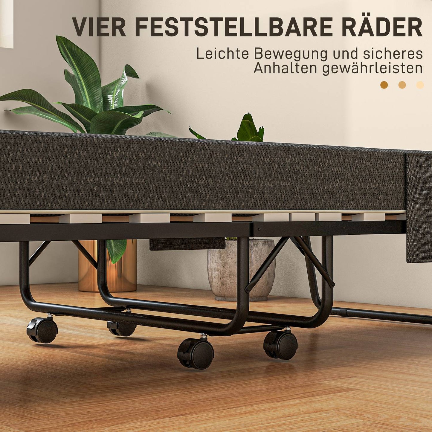 Folding guest bed with wheels, 10 cm mattress, dark grey