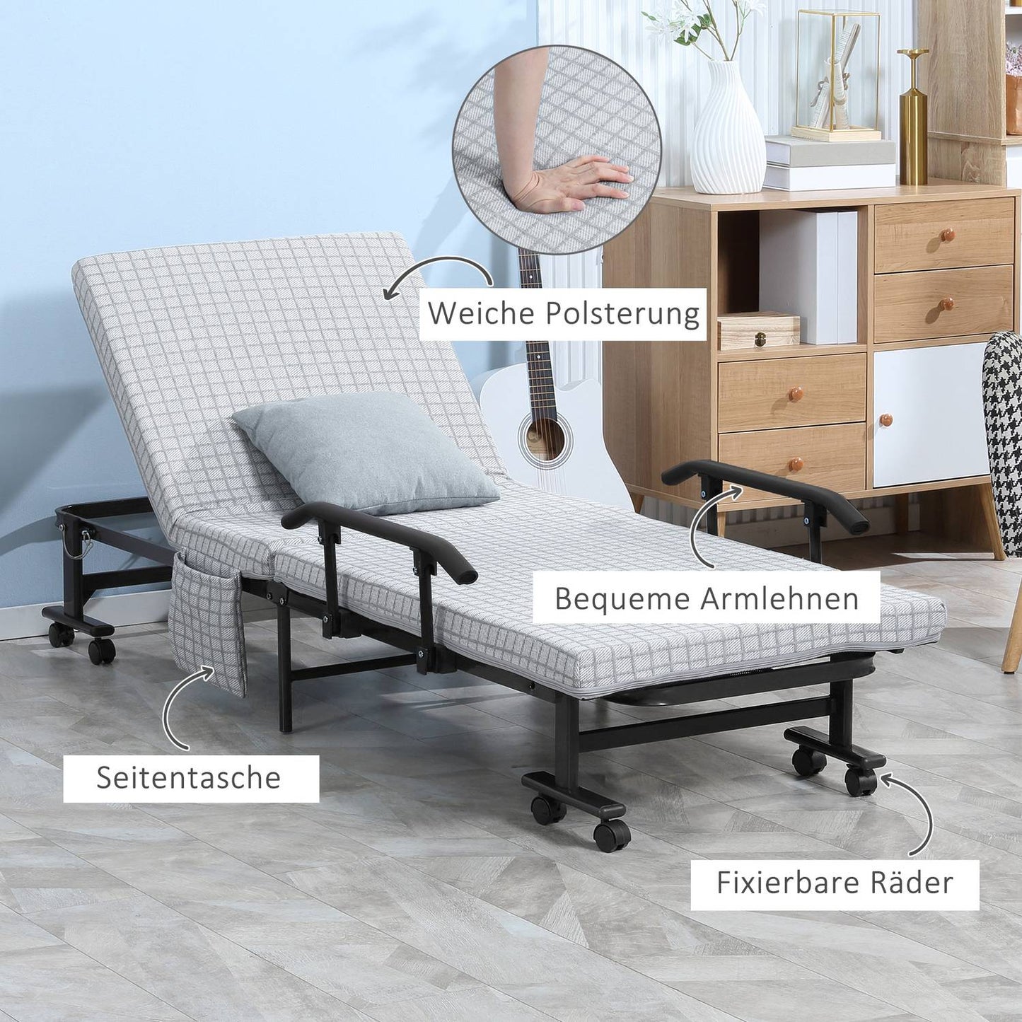 Folding guest bed - Steel frame, adjustable backrest