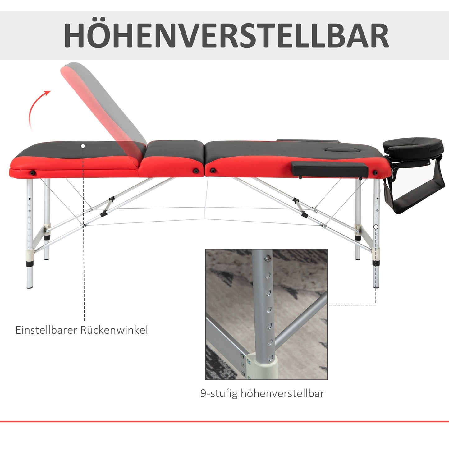 Height-adjustable folding massage table, aluminum & foam, 215 x 60 cm