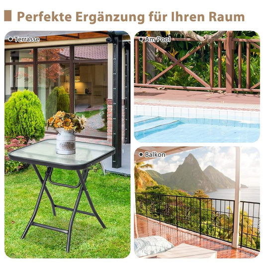 Folding patio side table square glass table with stainless frame black