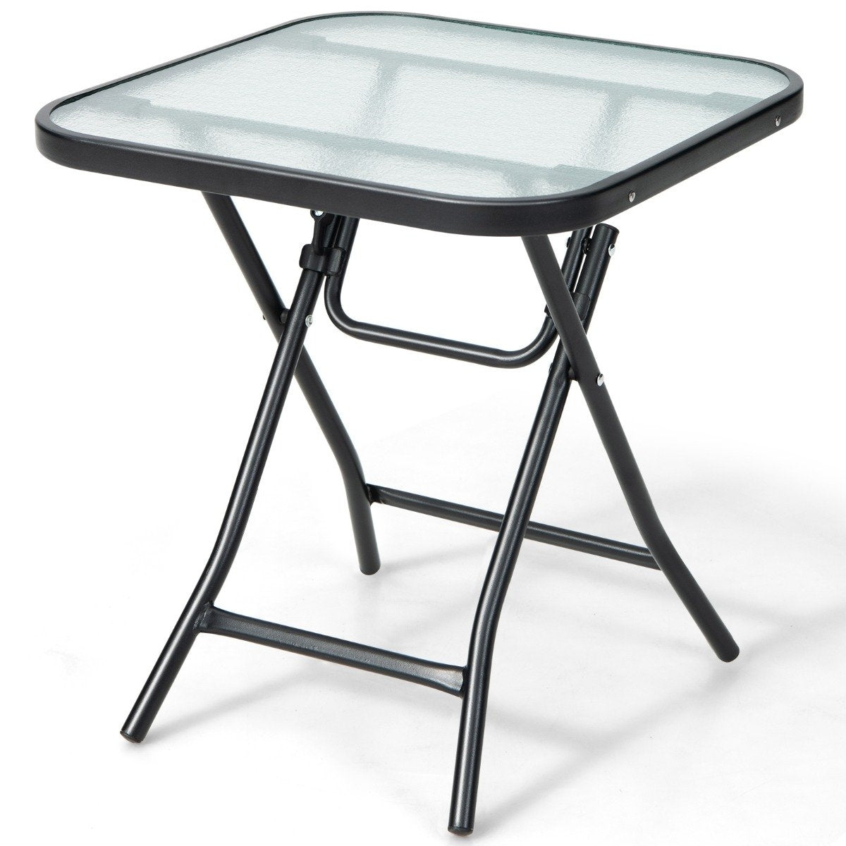 Folding patio side table square glass table with stainless frame black