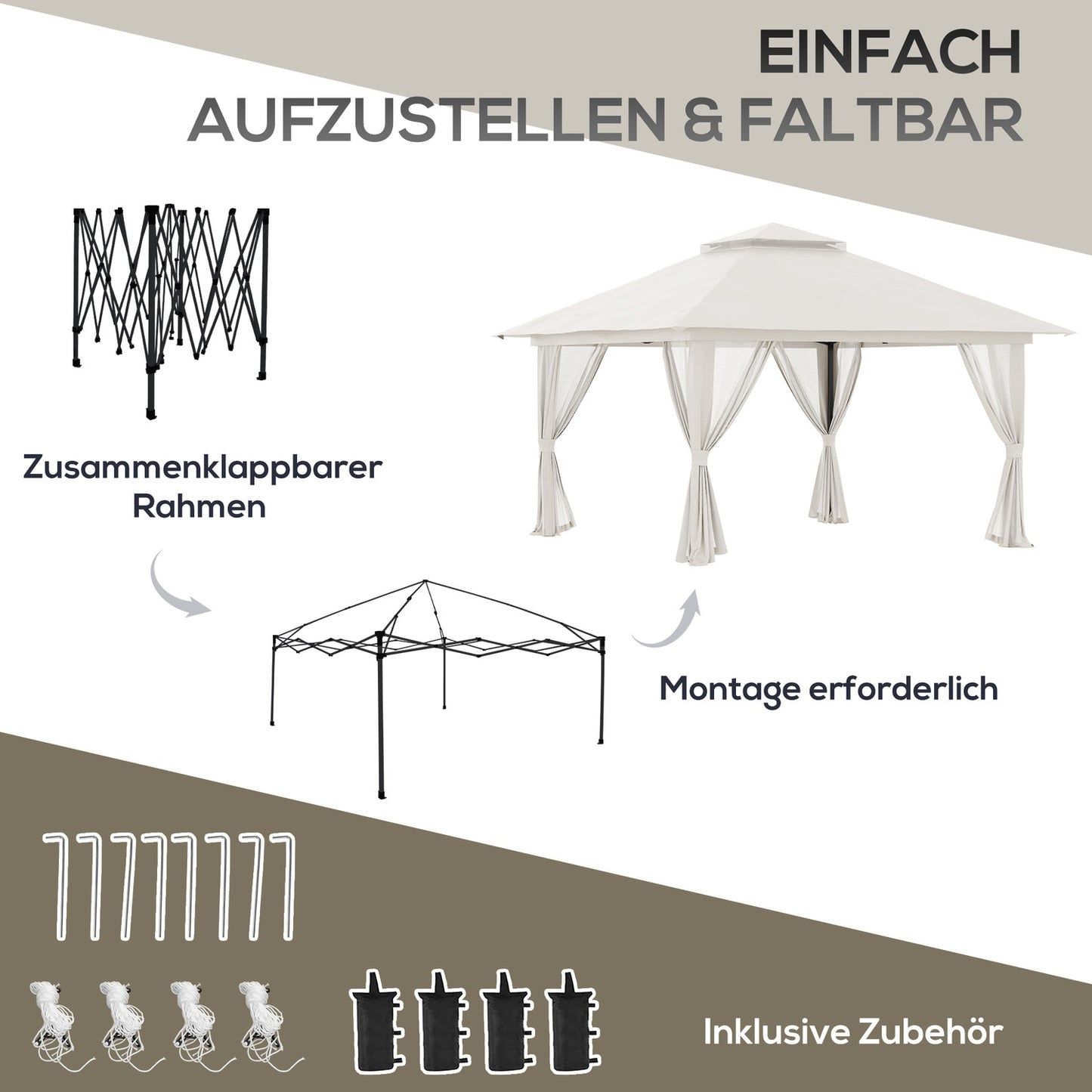 Folding pavilion 4x4m, UV protection, adjustable height, cream