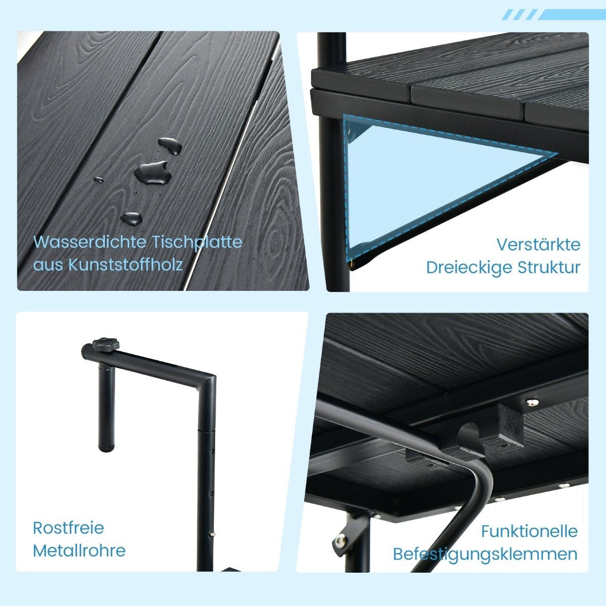 Folding railing table hanging table for indoor and outdoor use black