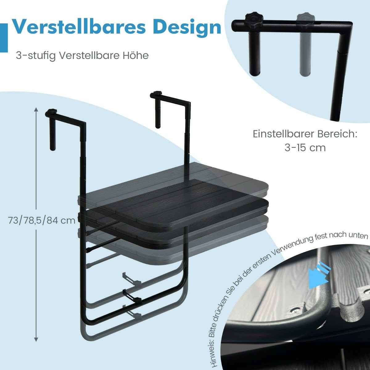 Folding railing table hanging table for indoor and outdoor use black
