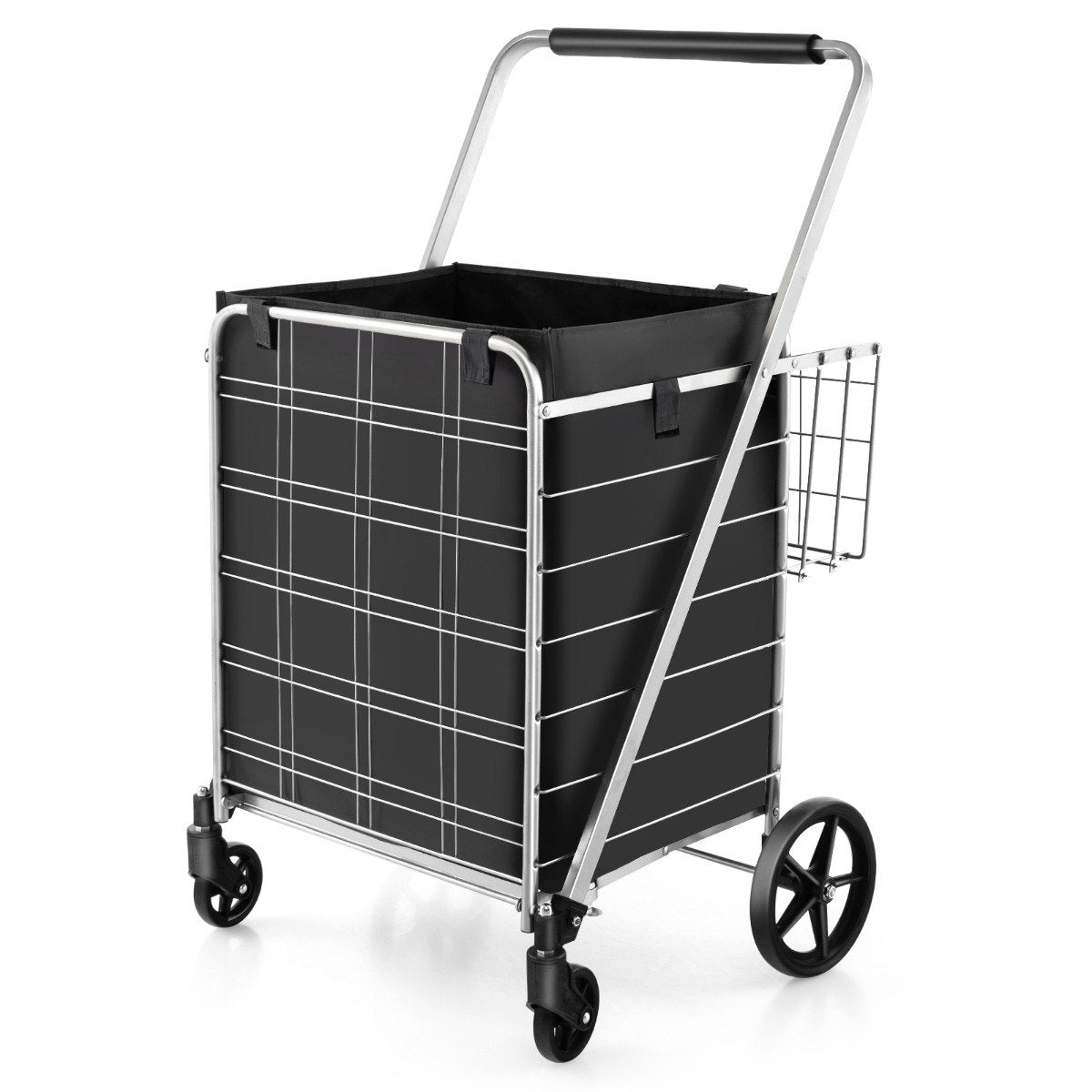 Folding shopping trolley on wheels with removable Oxford bag & 2 baskets silver