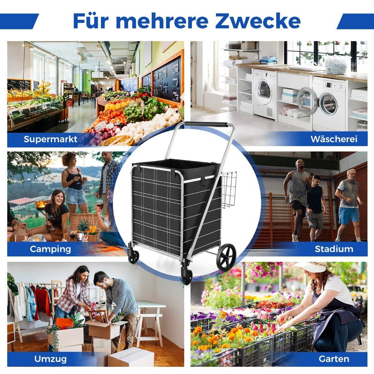 Folding shopping trolley on wheels with removable Oxford bag & 2 baskets silver