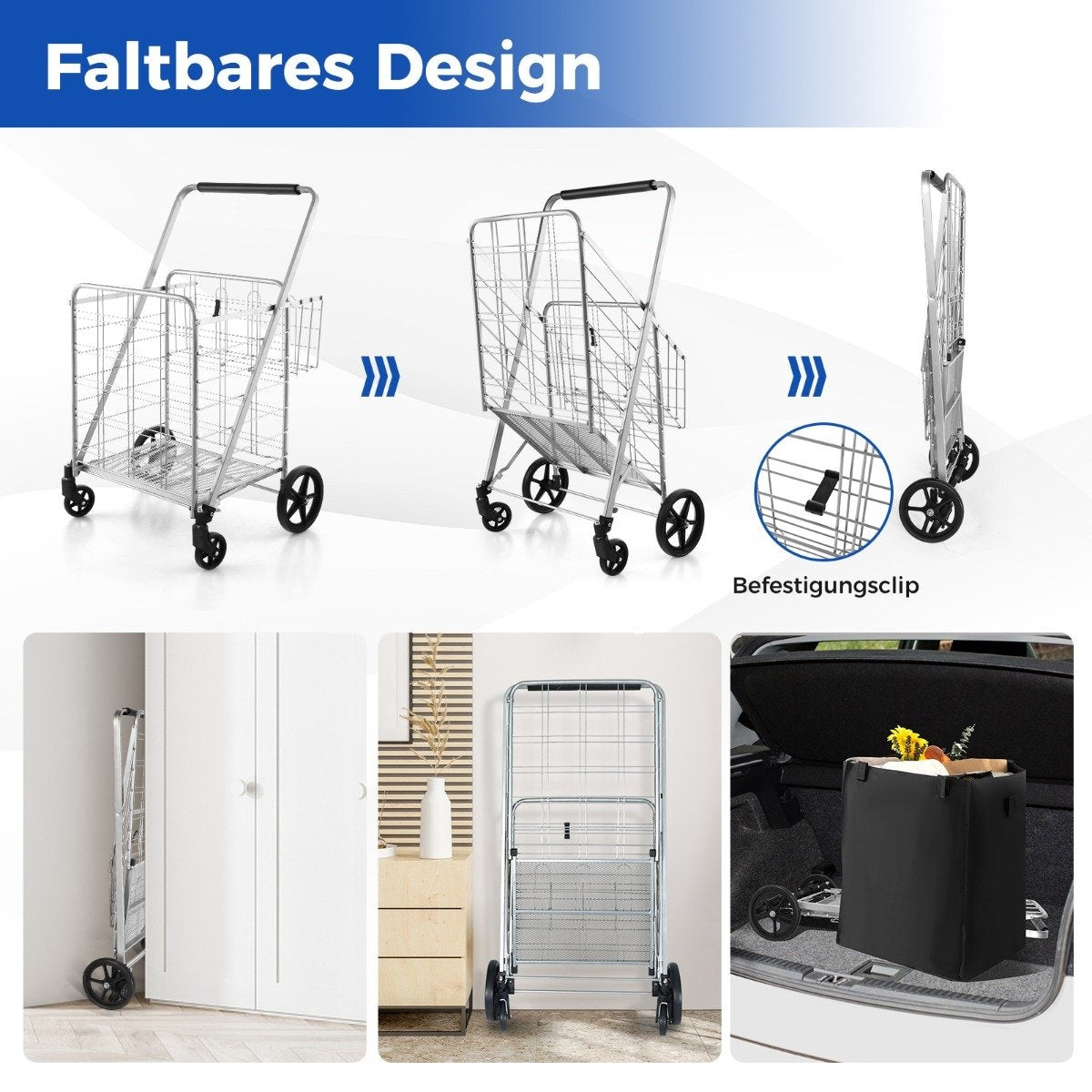 Folding shopping trolley on wheels with removable Oxford bag & 2 baskets silver