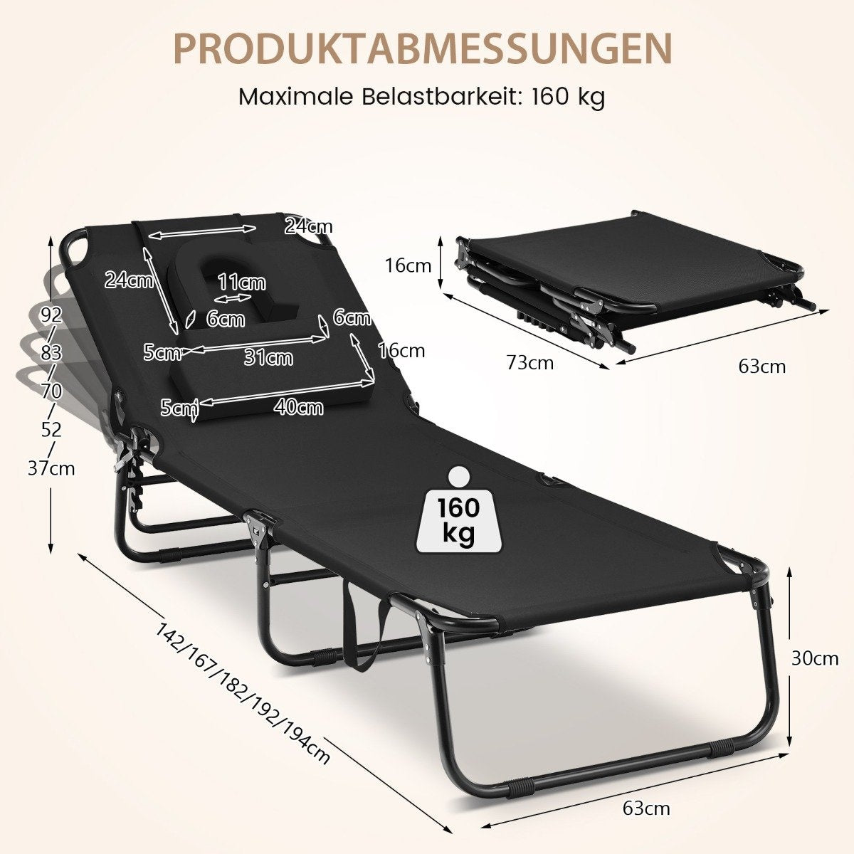 Folding sun lounger with face opening & 3 cushions & 5-way adjustable backrest black