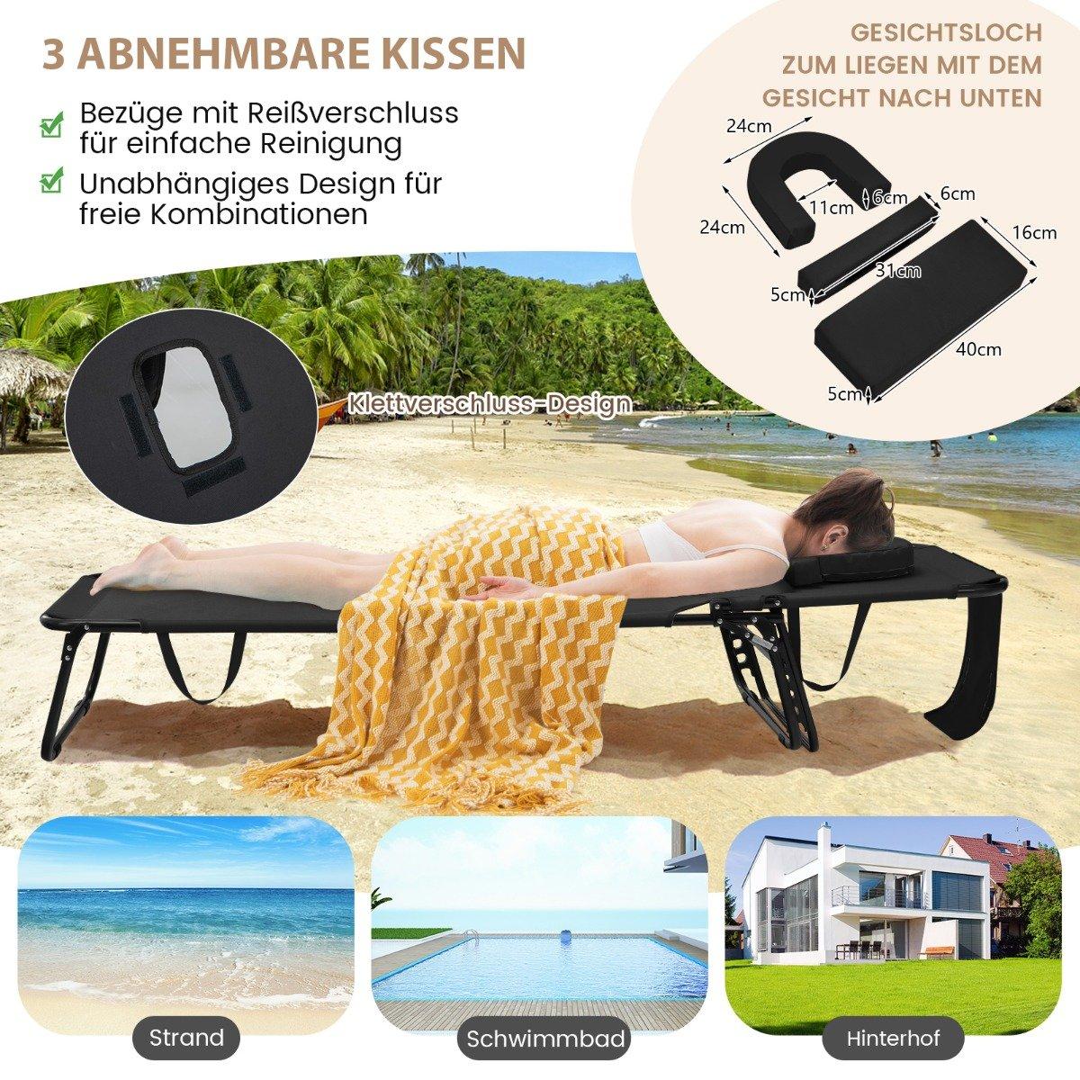 Folding sun lounger with face opening & 3 cushions & 5-way adjustable backrest black