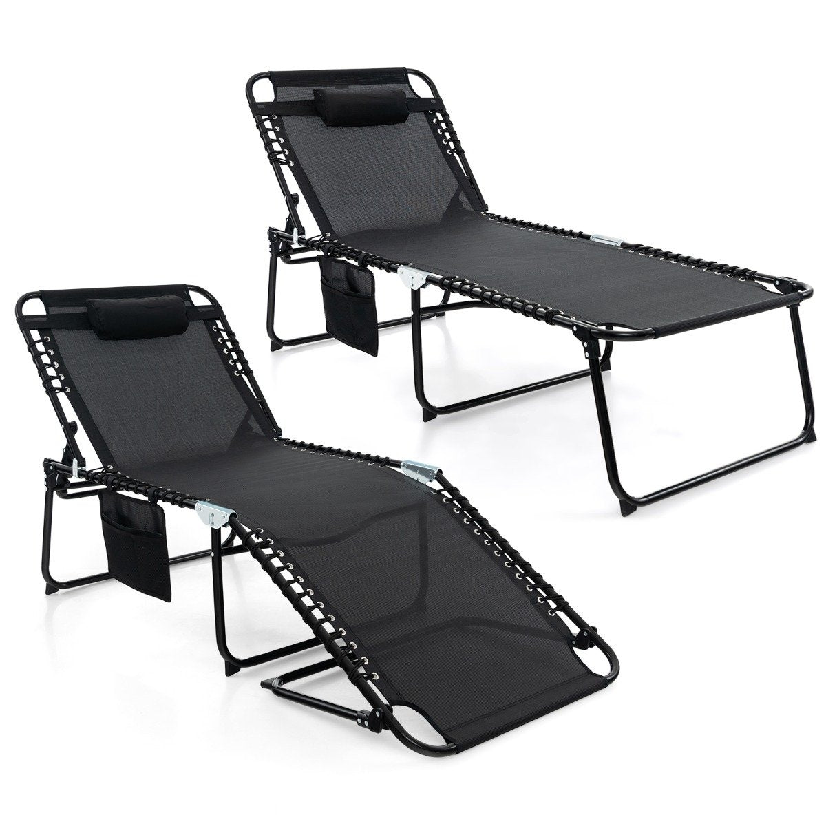 Folding sun lounger with headrest &amp; Side pocket &amp; Adjustable backrest garden lounger black