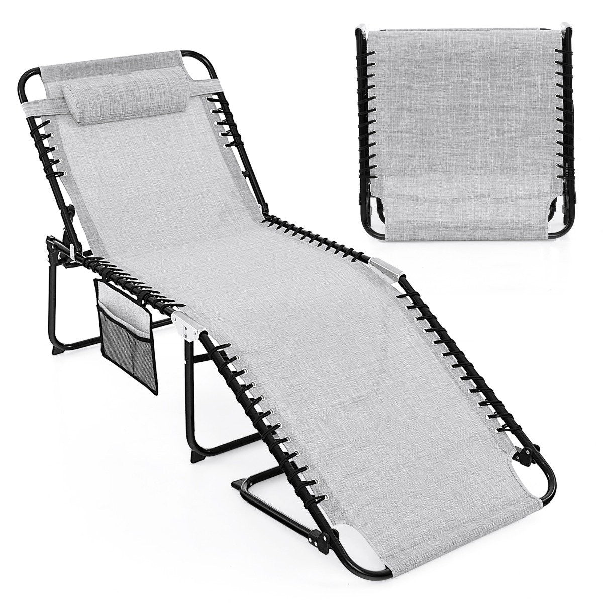 Folding sun lounger with headrest &amp; Side pocket &amp; Adjustable backrest garden lounger gray