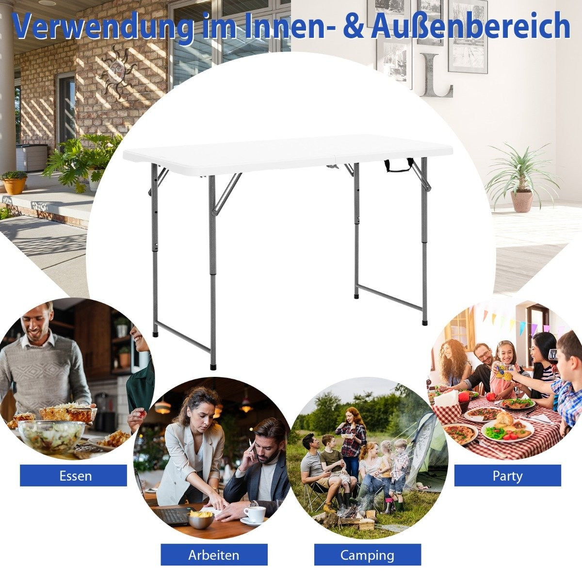 Folding table double folding picnic table with height adjustment white