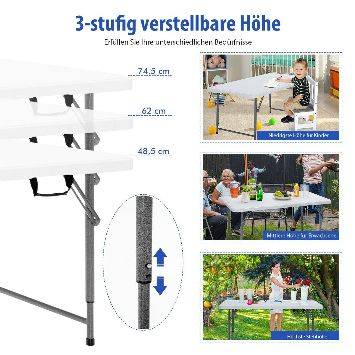 Folding table double folding picnic table with height adjustment white
