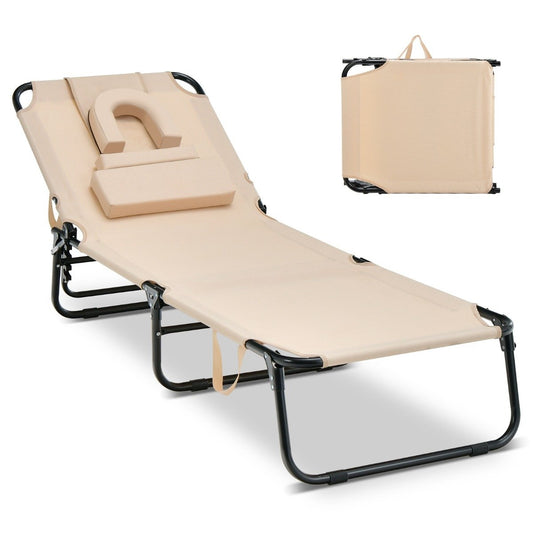 Folding tanning chair beach lounger with face opening beige