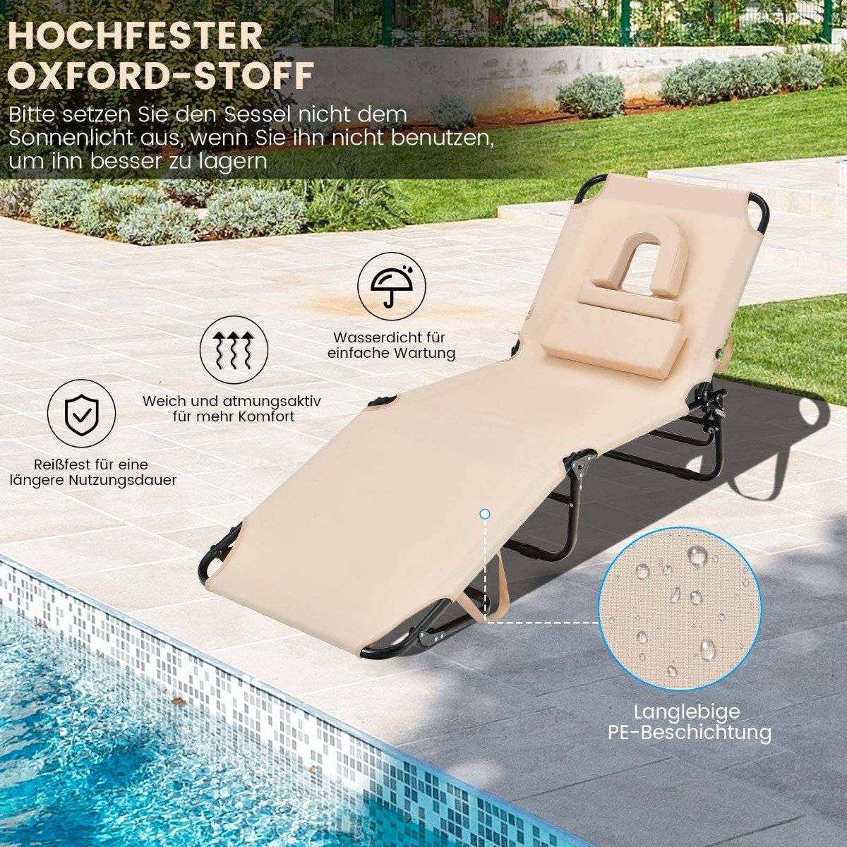 Folding tanning chair beach lounger with face opening beige