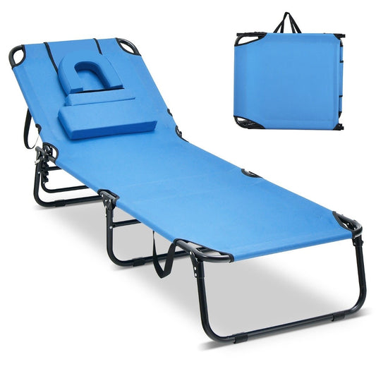 Folding tanning chair beach lounger with face opening blue