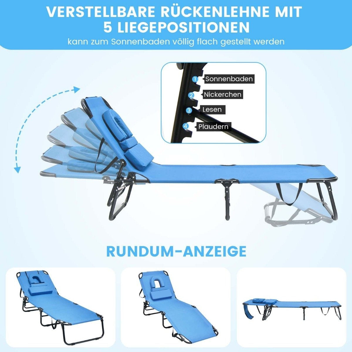 Folding tanning chair beach lounger with face opening blue
