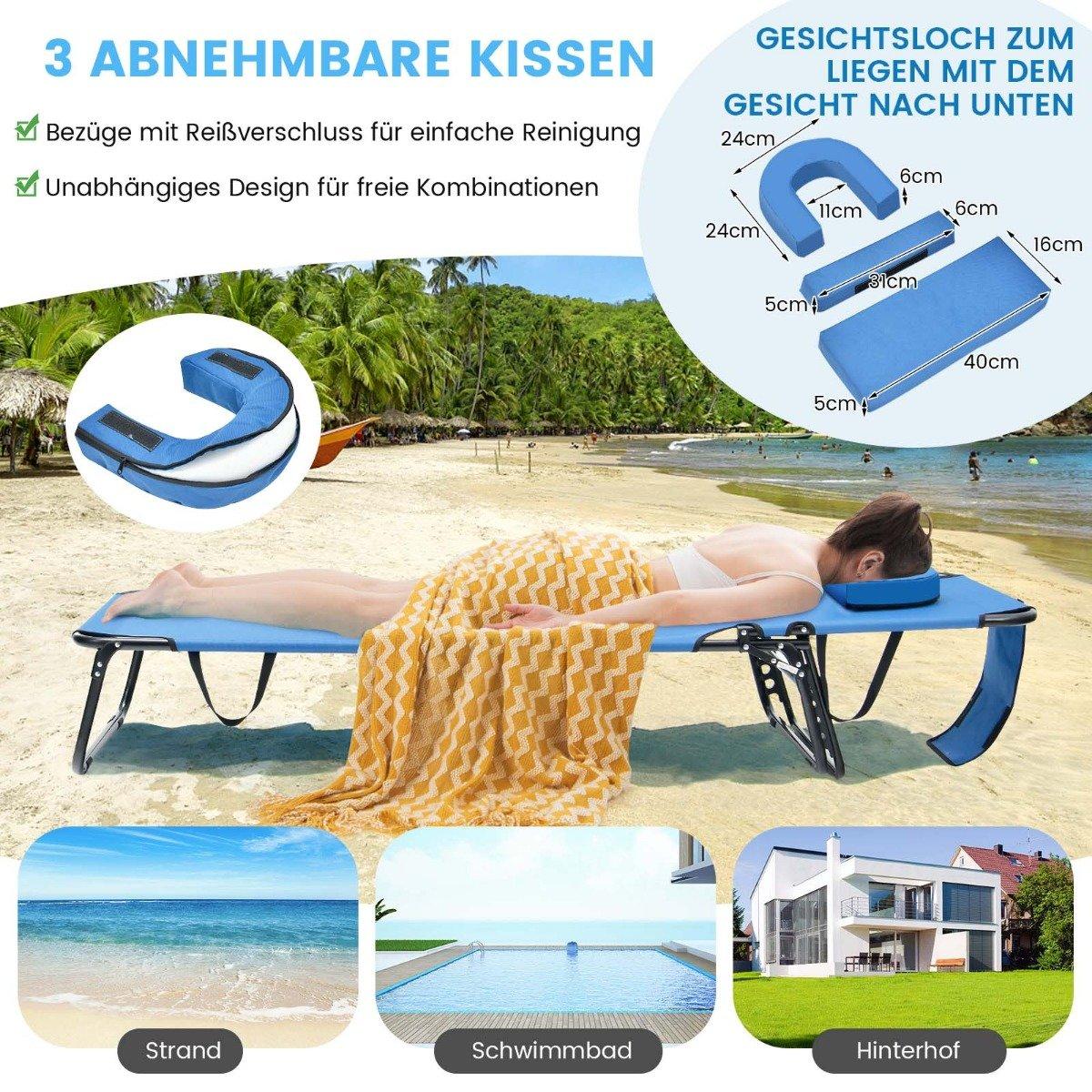 Folding tanning chair beach lounger with face opening blue
