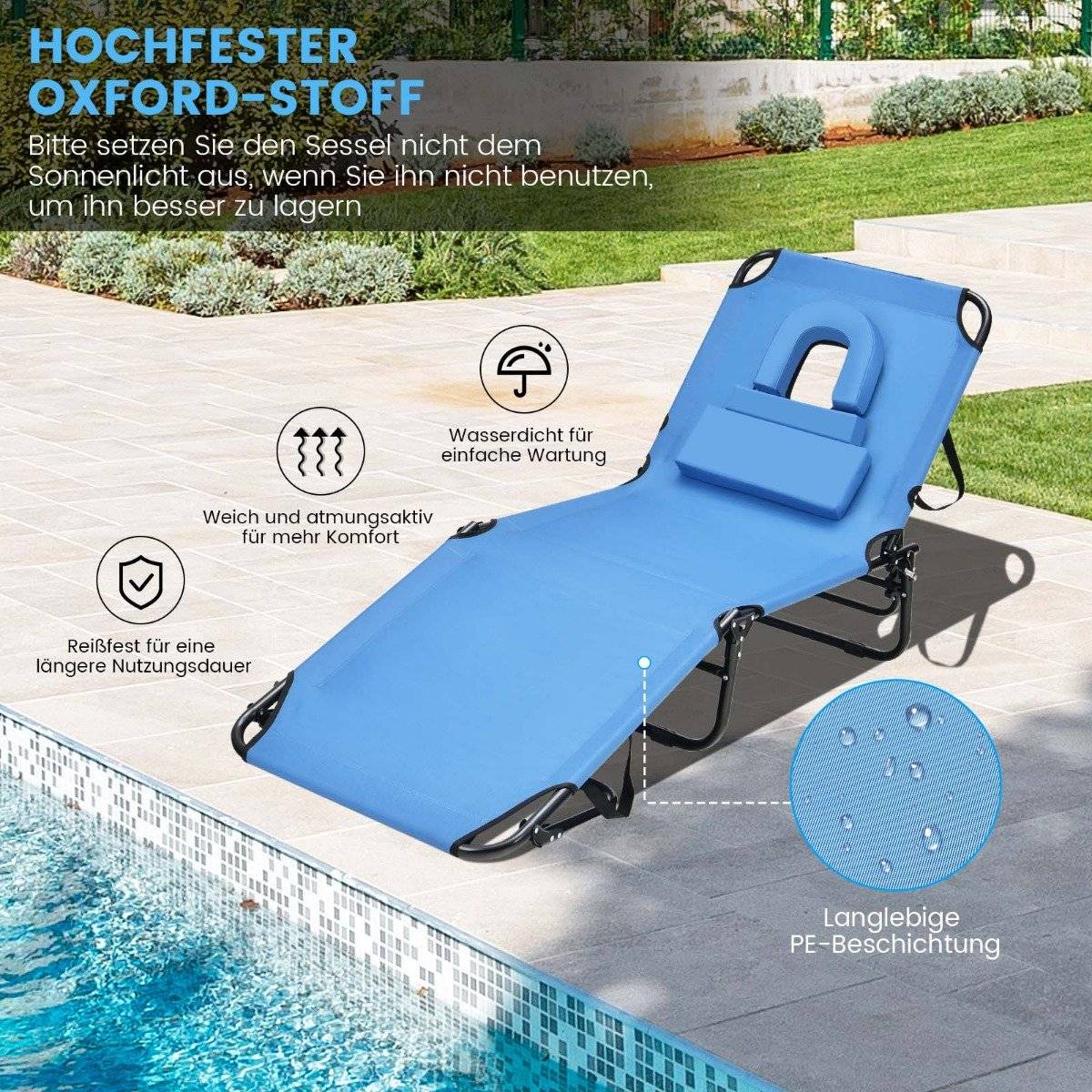 Folding tanning chair beach lounger with face opening blue