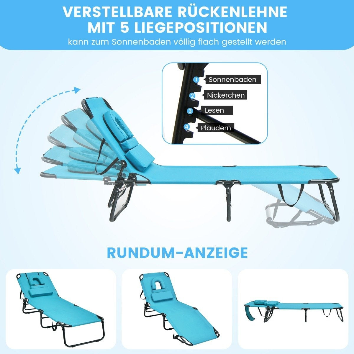 Folding tanning chair beach lounger with face opening turquoise