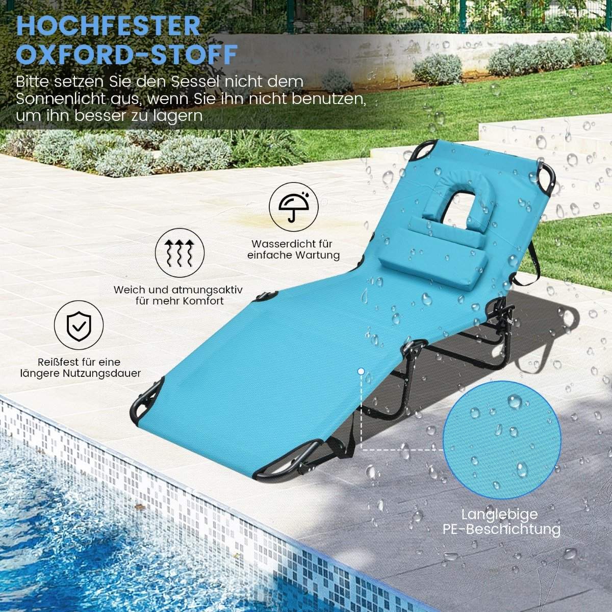 Folding tanning chair beach lounger with face opening turquoise