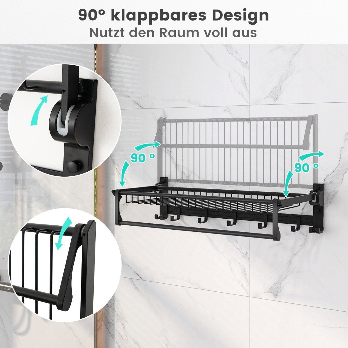 Folding towel holder with adjustable towel rail and movable hook towel rack