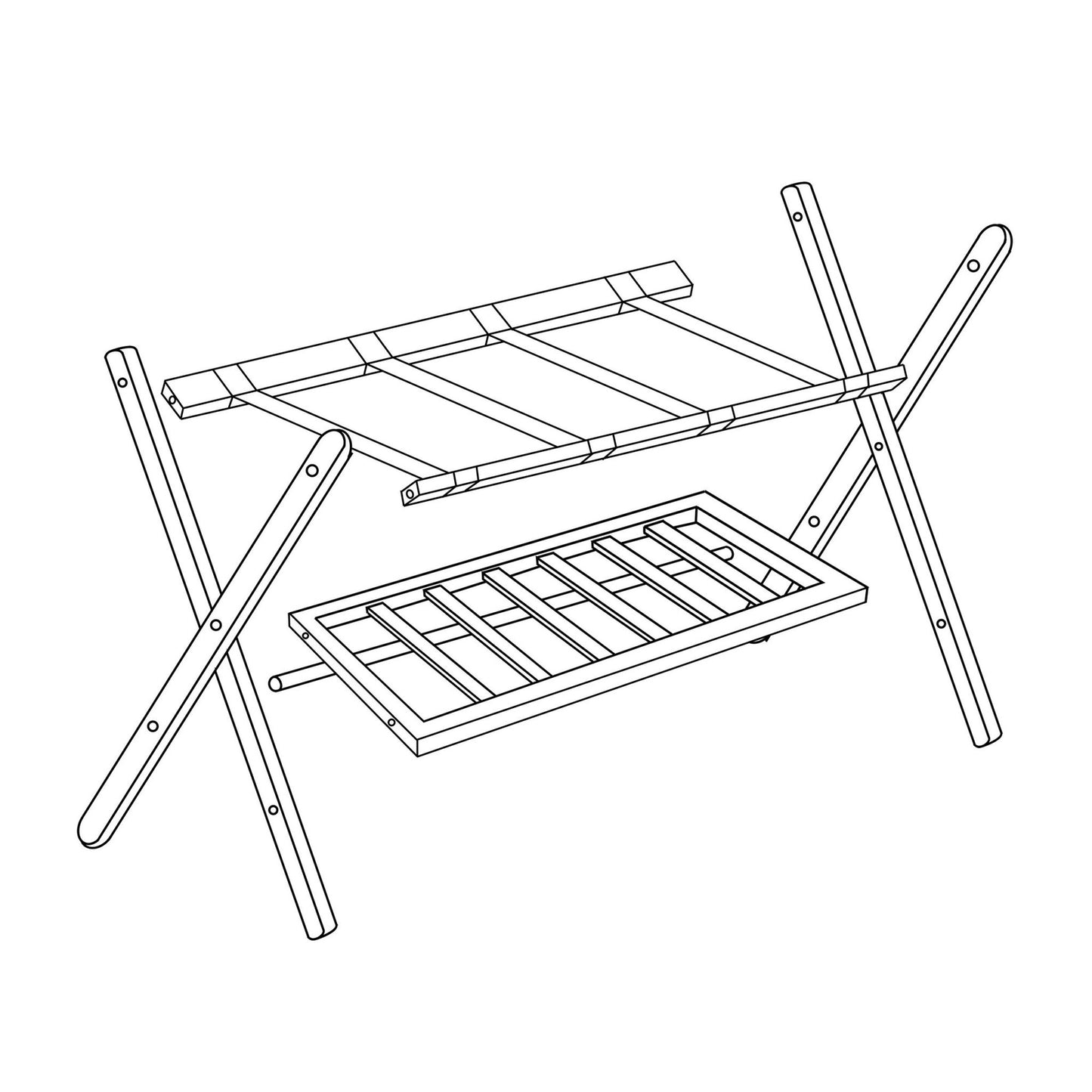 Folding wooden luggage rack with 2 shelves