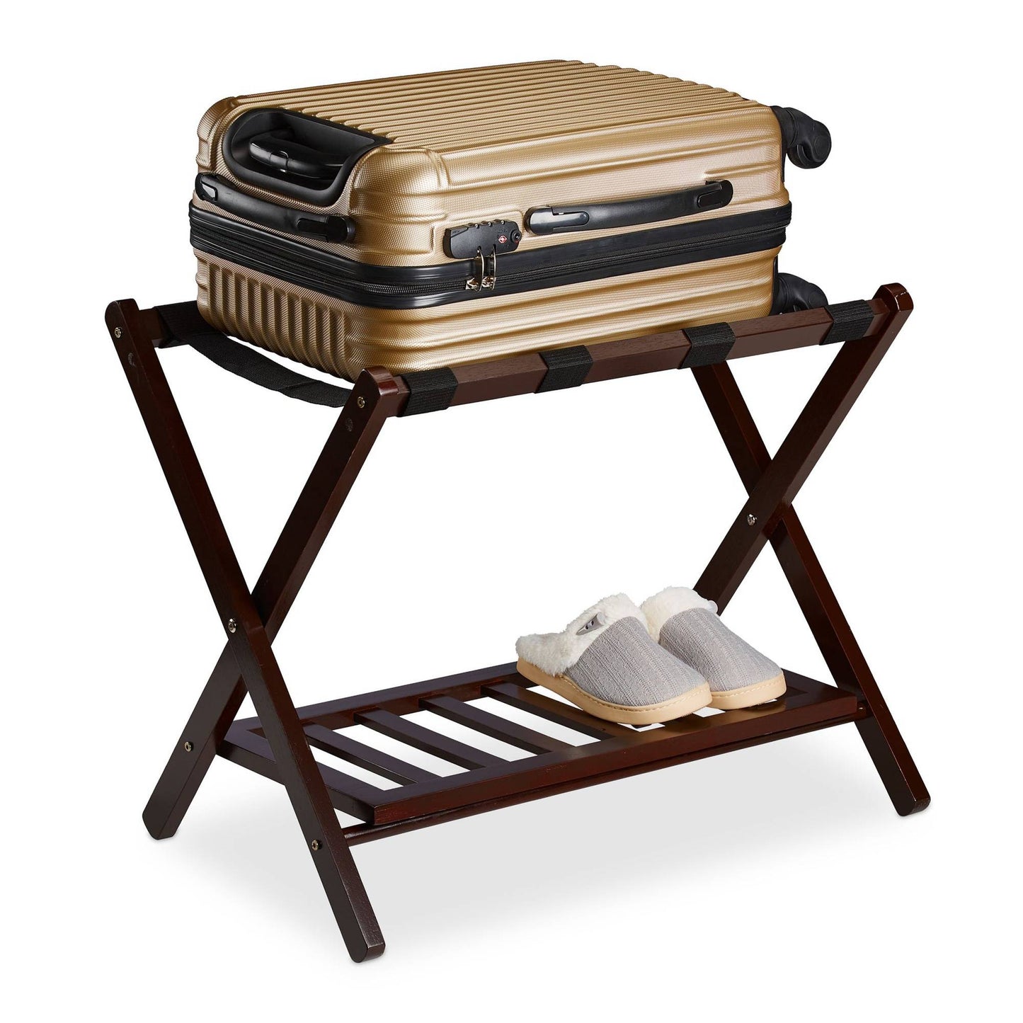Folding wooden luggage rack with 2 shelves