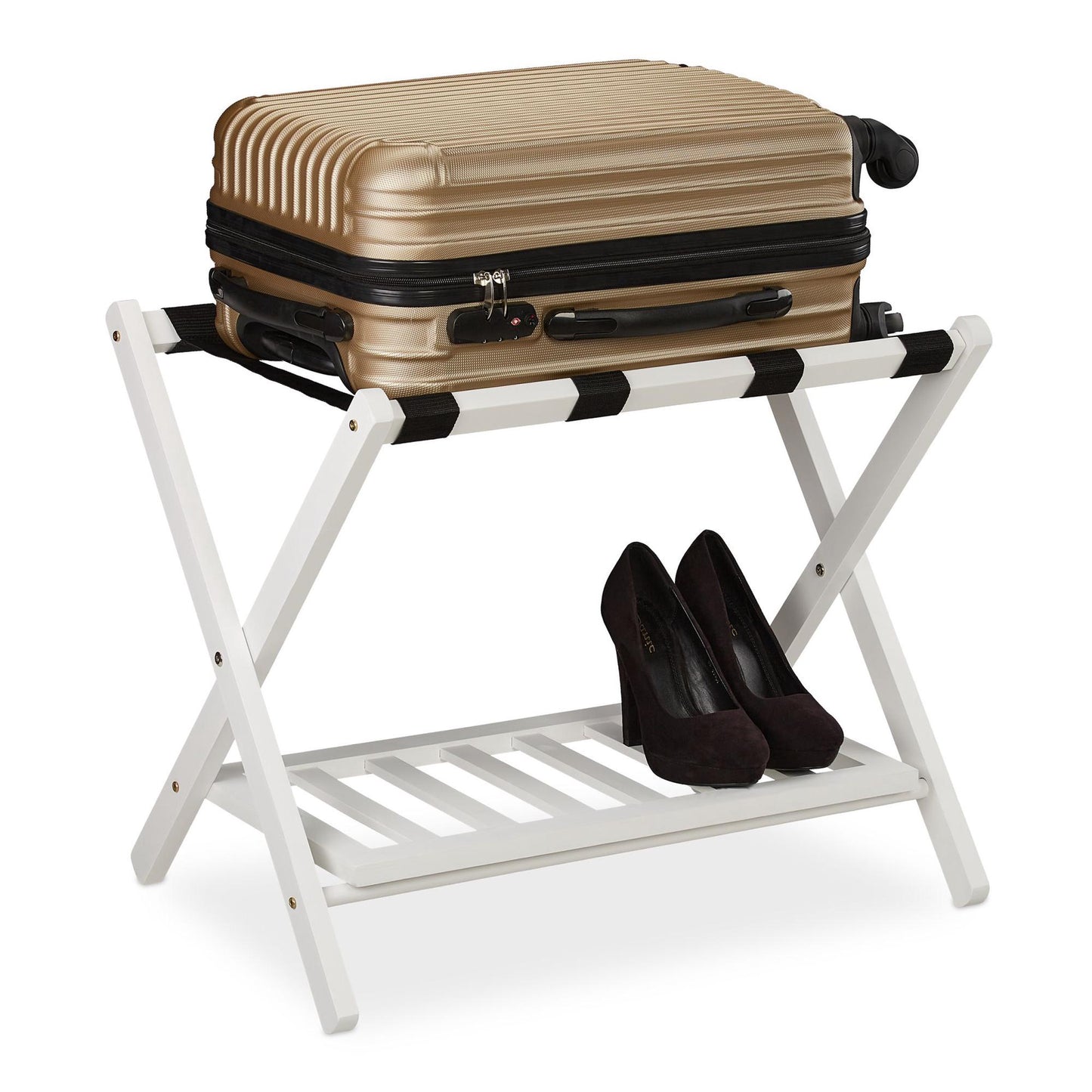 Folding wooden luggage rack with 2 shelves