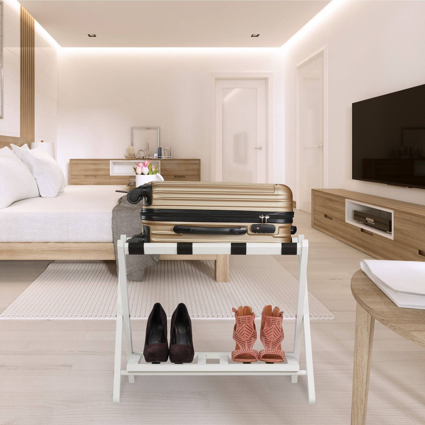 Folding wooden luggage rack with 2 shelves