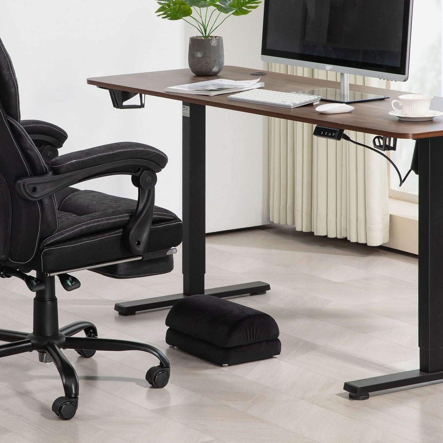 Footrest with anti-slip padding, velvet look, black