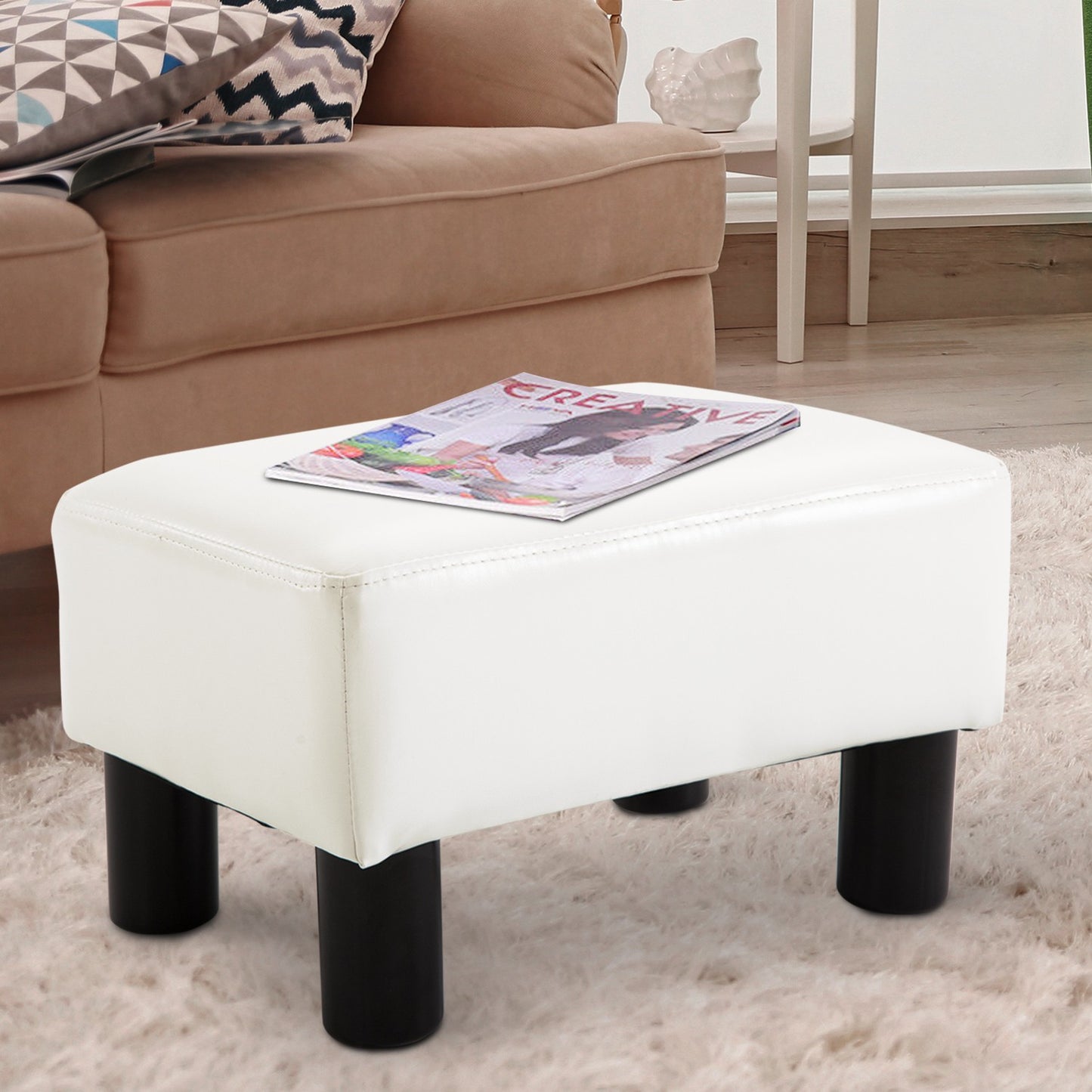 Chesterfield Footstool in synthetic leather, White, 40x30x24 cm