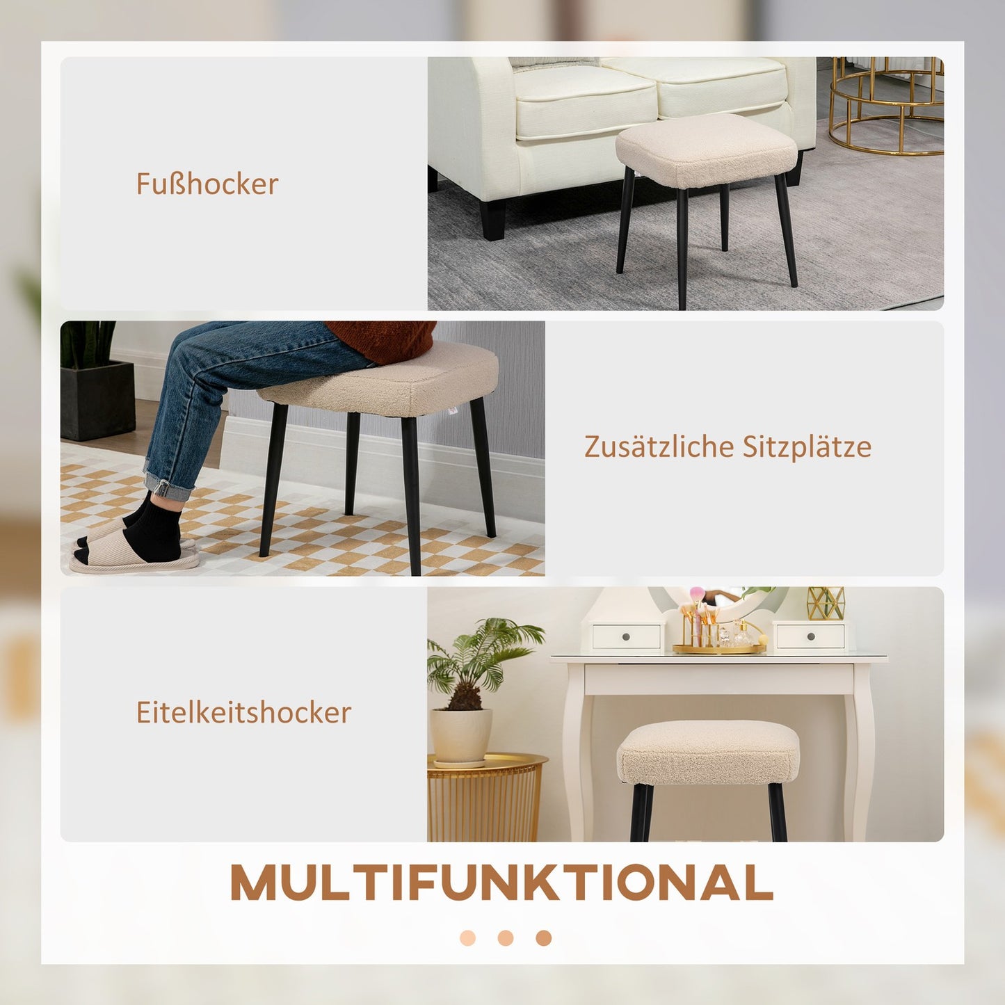 Square beige footstool, cashmere look, steel legs, 42x42x47 cm