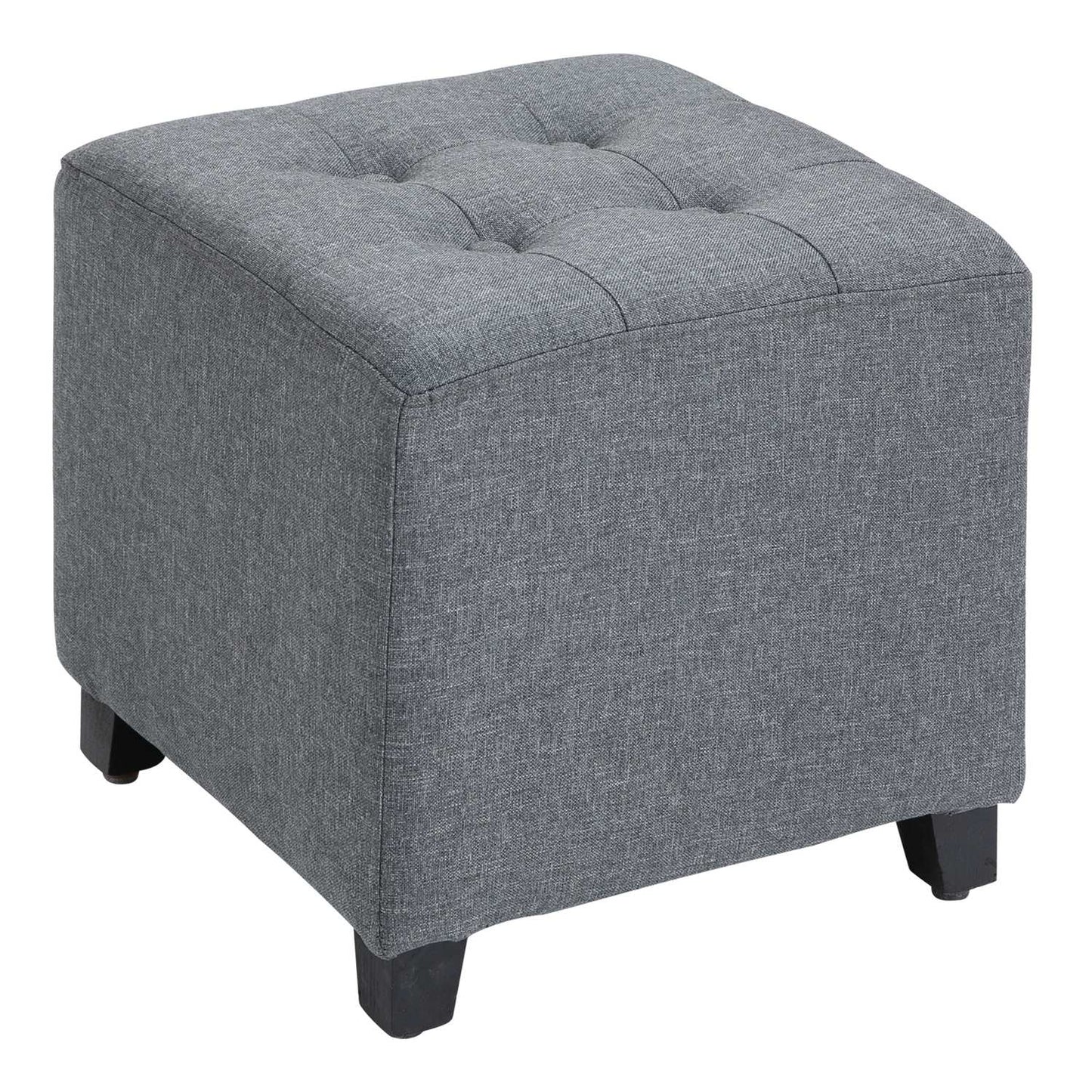 Gray linen ottoman footstool, wooden legs, 35 cm cube