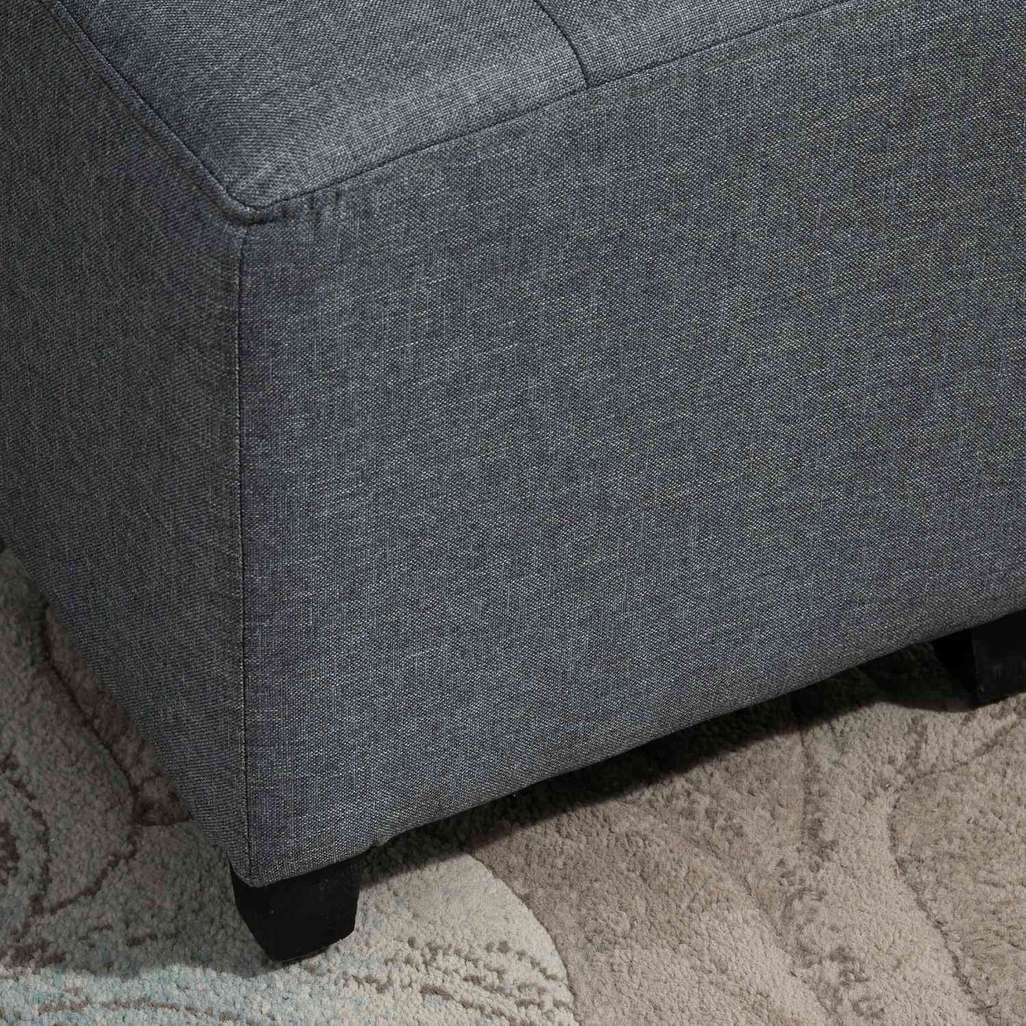 Gray linen ottoman footstool, wooden legs, 35 cm cube