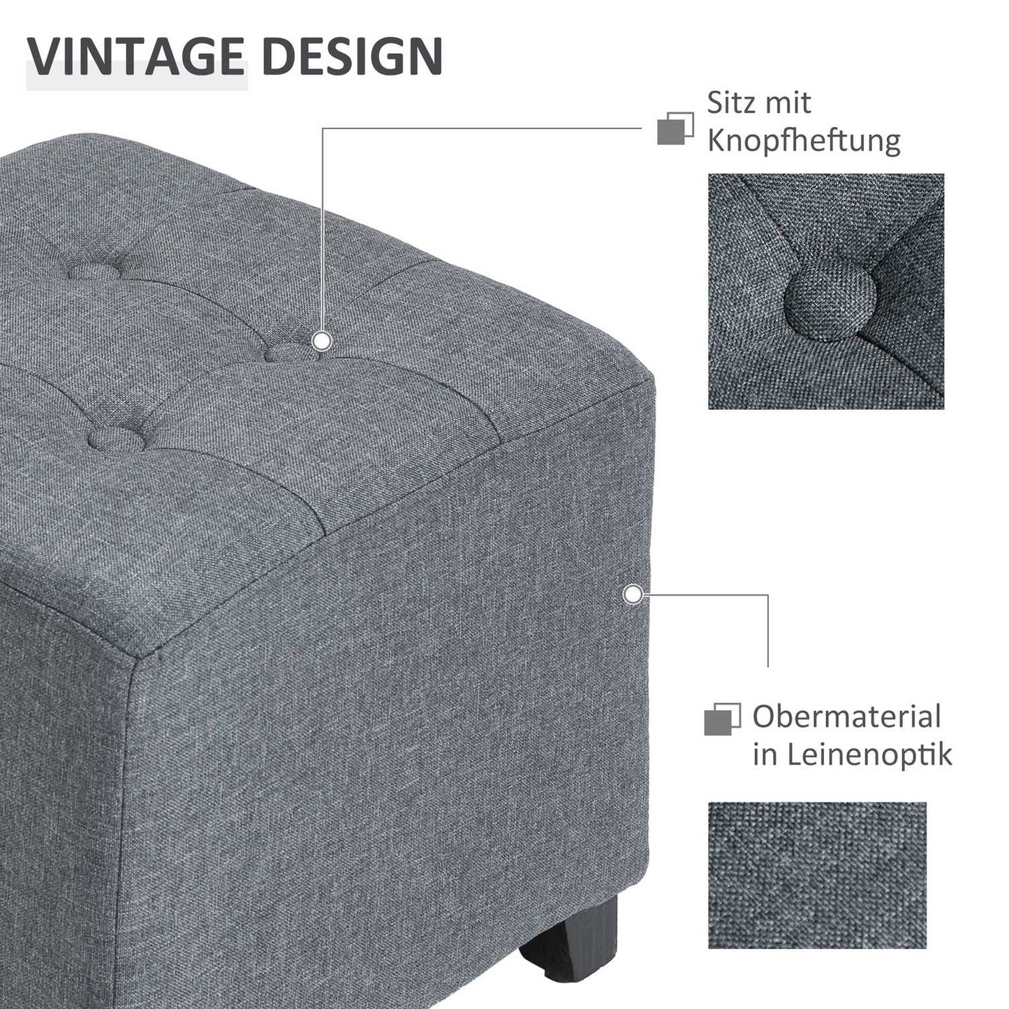 Gray linen ottoman footstool, wooden legs, 35 cm cube