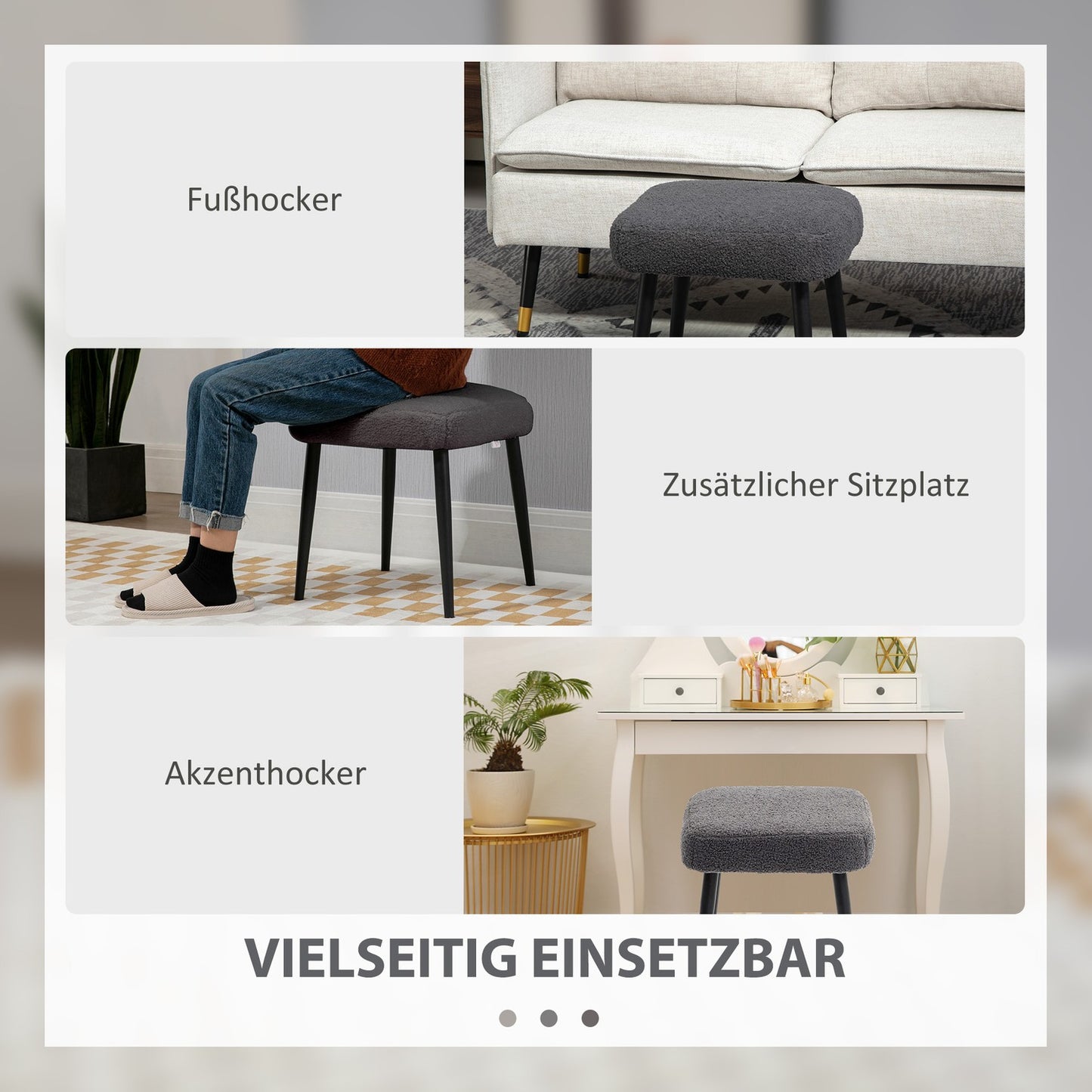 Square footstool, cashmere look, steel legs, dark grey
