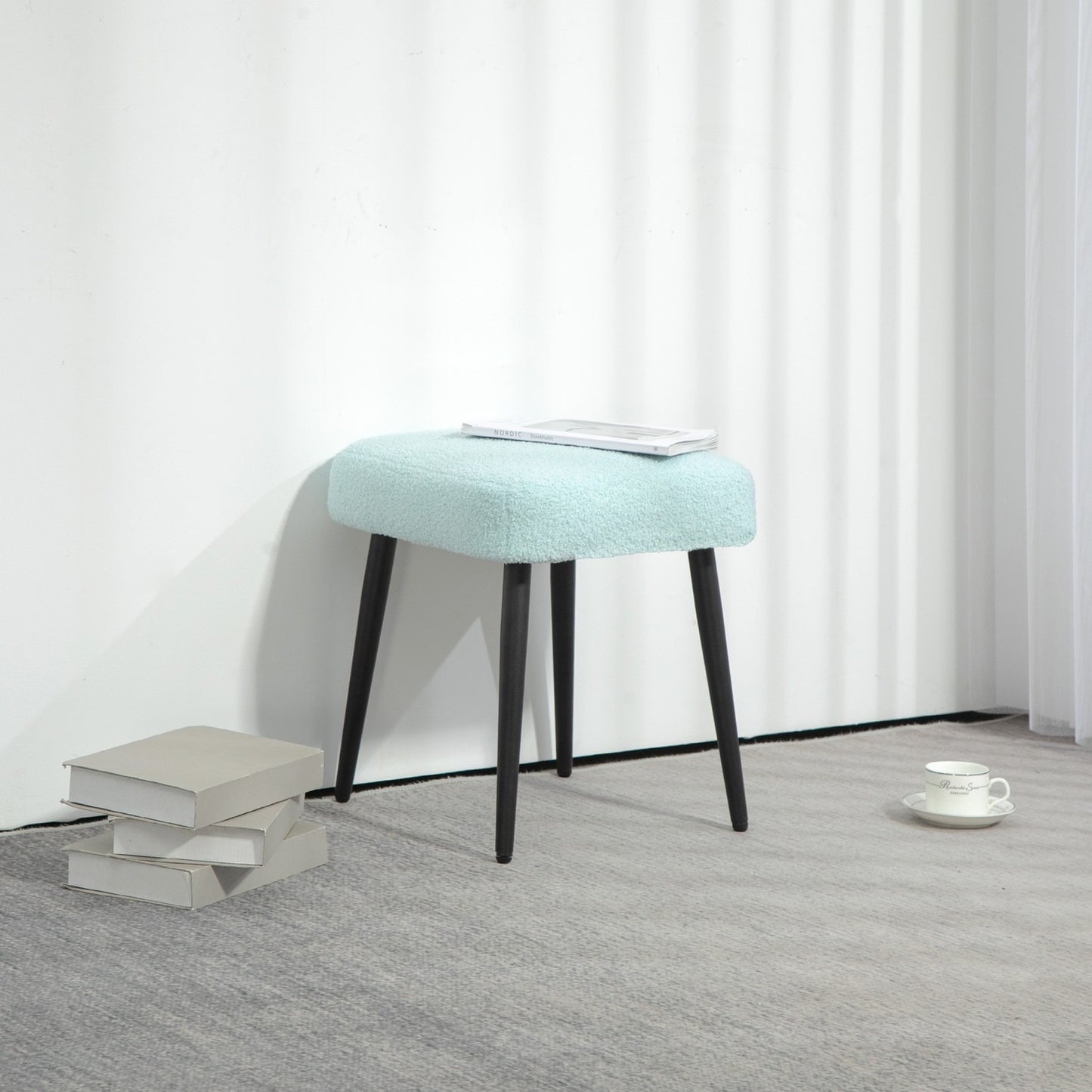 Square Cashmere Look Footstool with steel legs, light blue