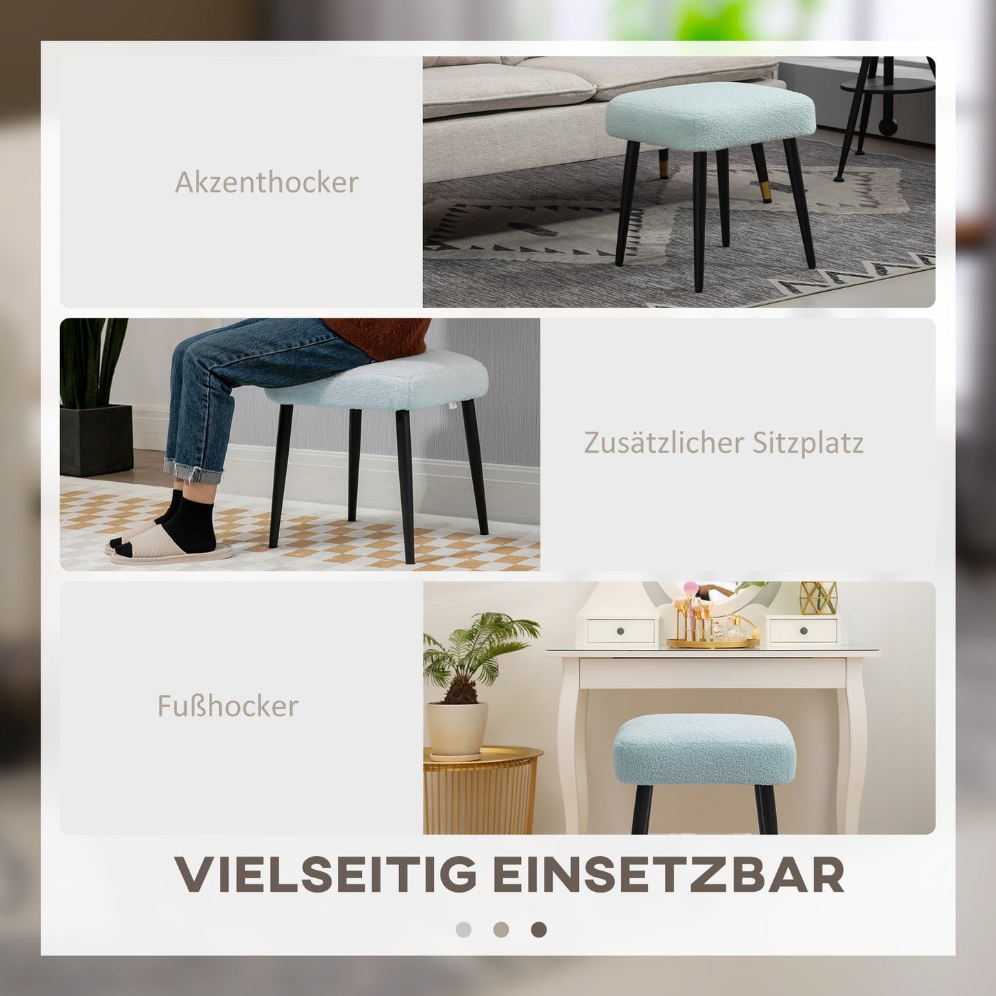 Square Cashmere Look Footstool with steel legs, light blue