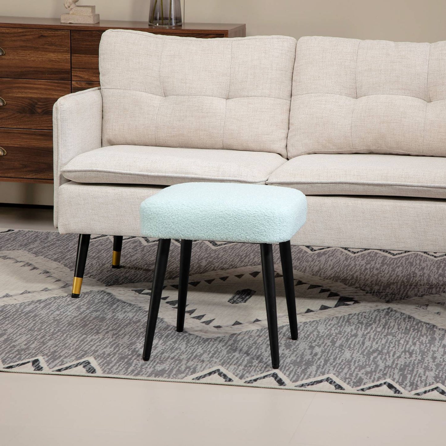 Square Cashmere Look Footstool with steel legs, light blue