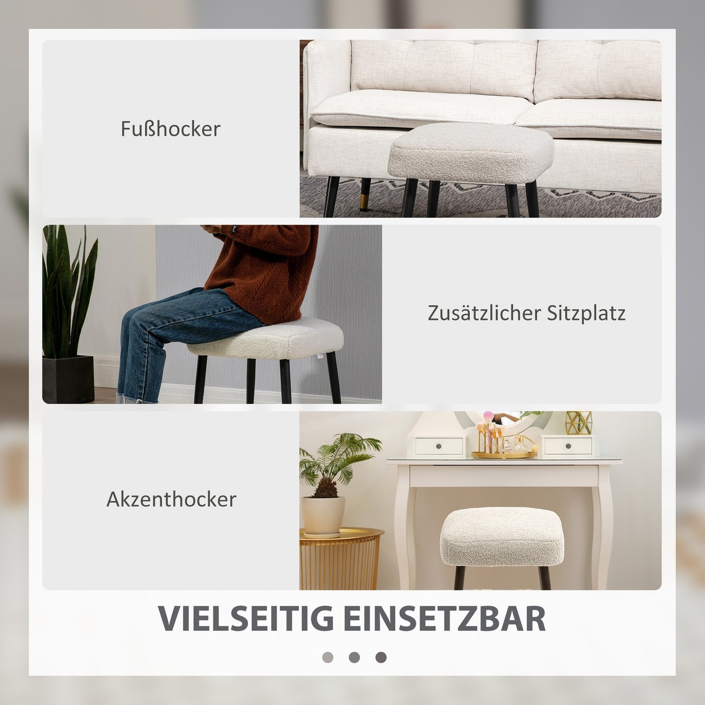 Square footstool with steel legs, cashmere look, light grey