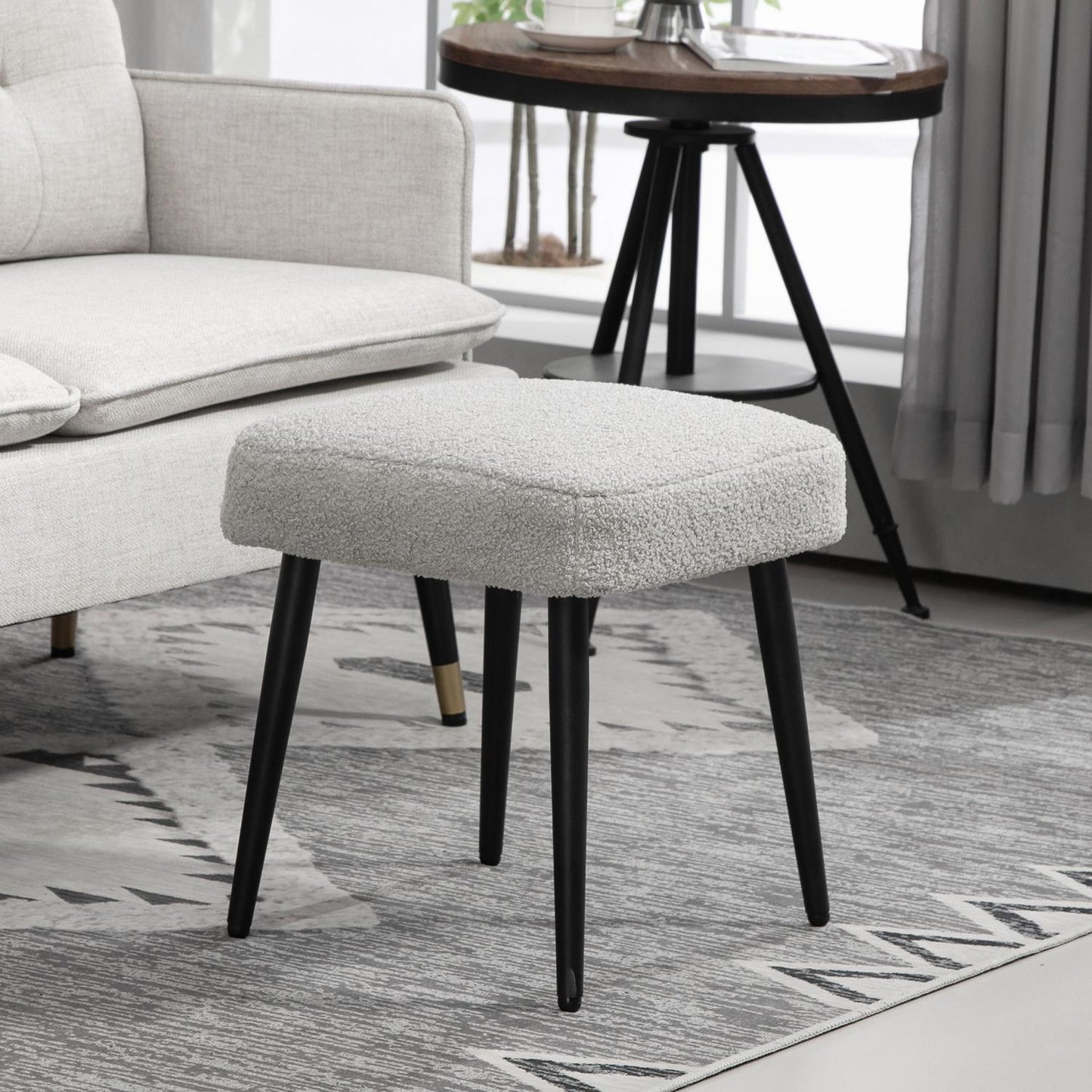 Square footstool with steel legs, cashmere look, light grey