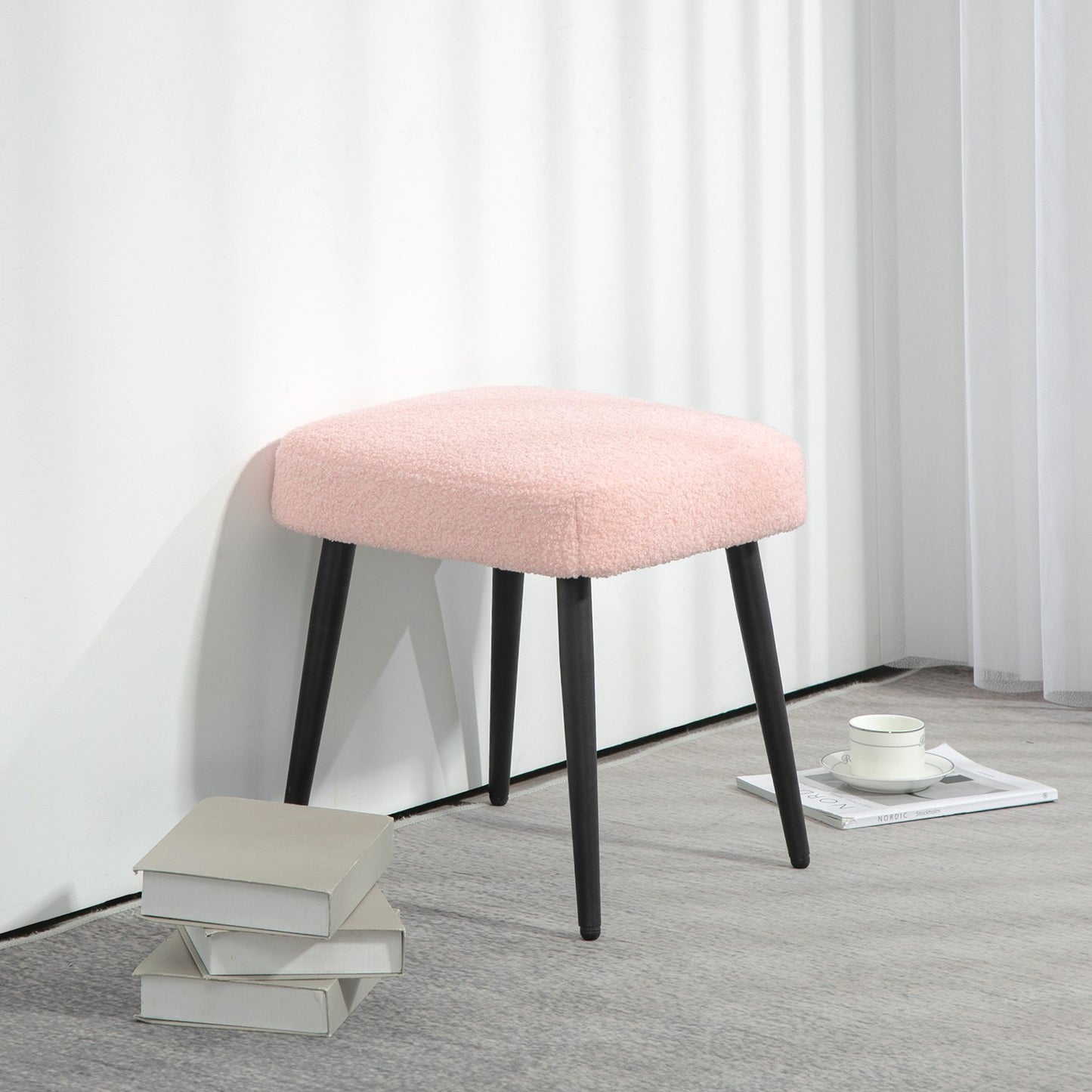Pink square footstool - steel legs, cashmere look