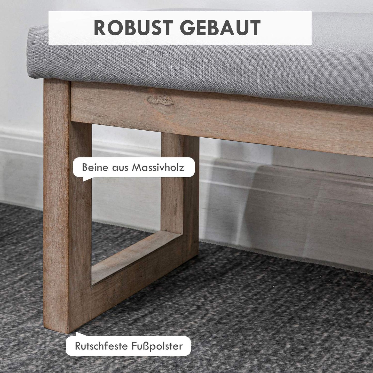 Gray footstool in linen look with wooden legs - 68x38x42 cm