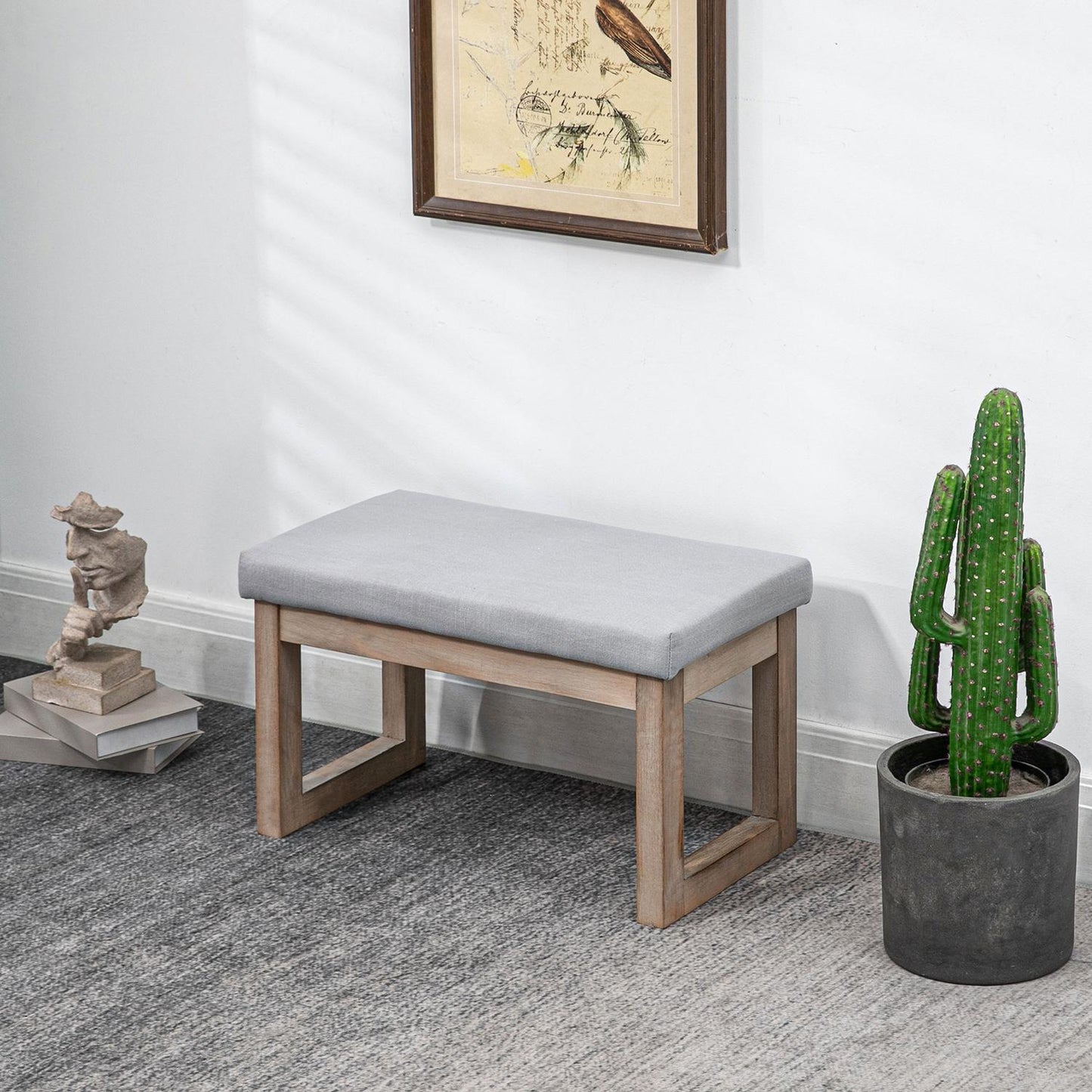 Gray footstool in linen look with wooden legs - 68x38x42 cm