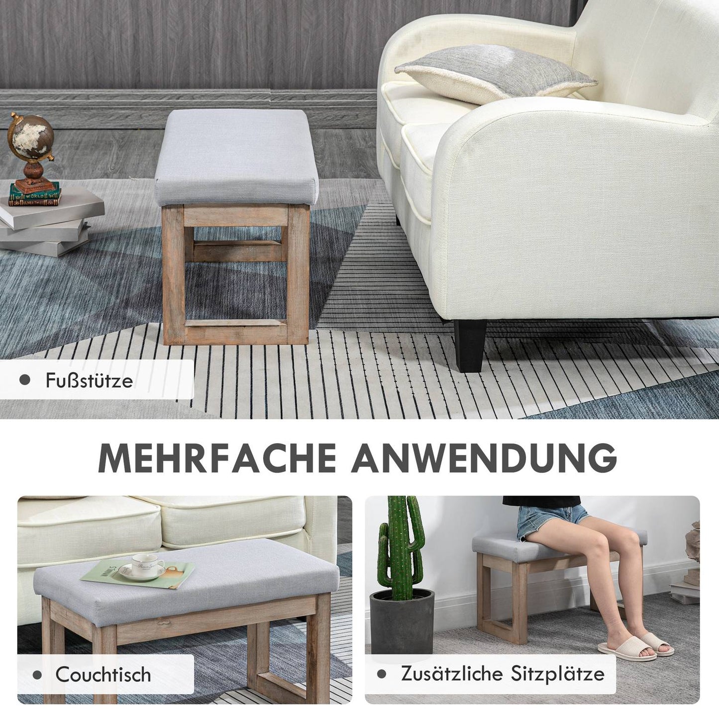 Gray footstool in linen look with wooden legs - 68x38x42 cm