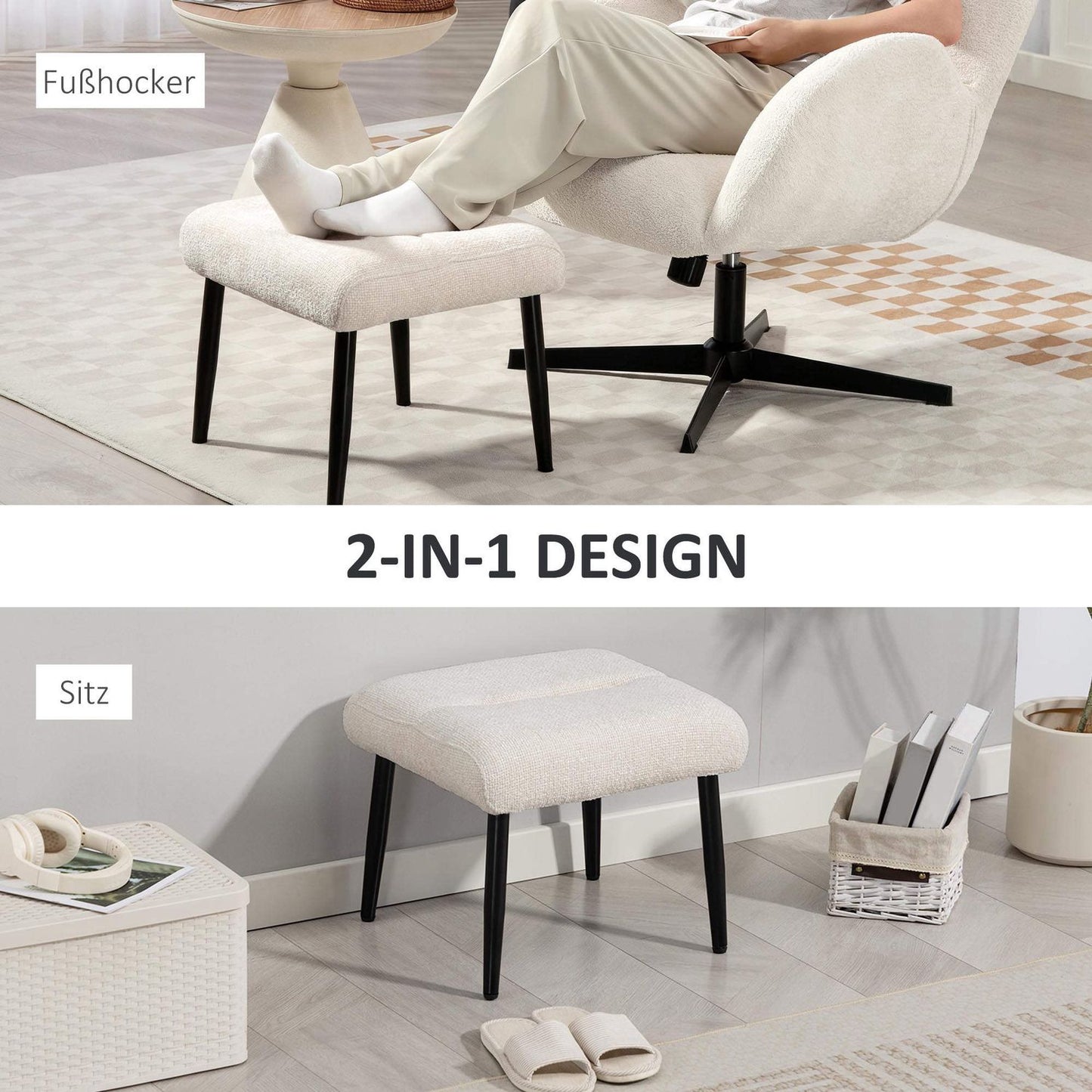 Footstool with Chenille Cushion, Steel Legs, 45x41x38 cm