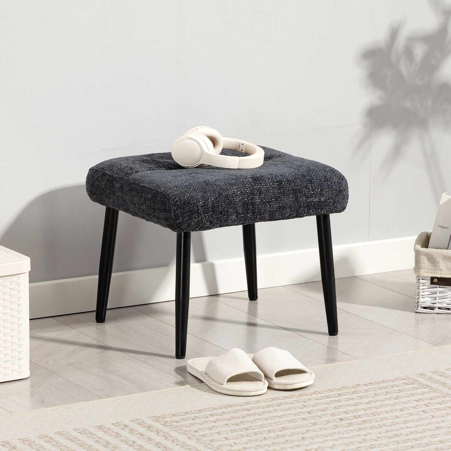 Footstool with Soft Cushion, Chenille Fabric, Steel Legs