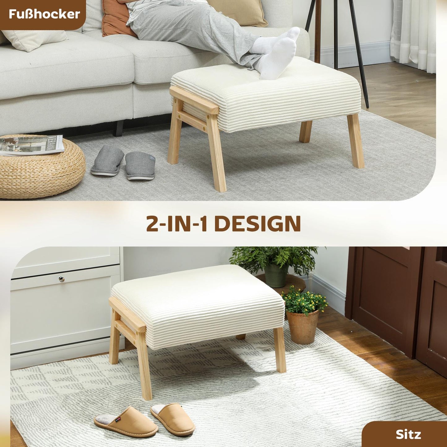 Footstool with Soft Cushion, Corduroy Look, Cream White